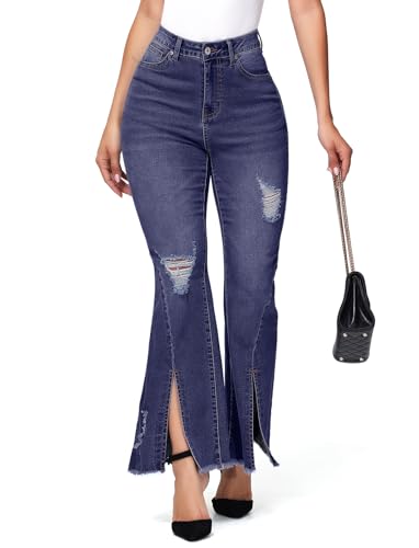 Women's Ripped Jeans High Waisted Hip Lift Flared Jeans Stretchy Wide Leg Destroyed Denim Split Hem Pants