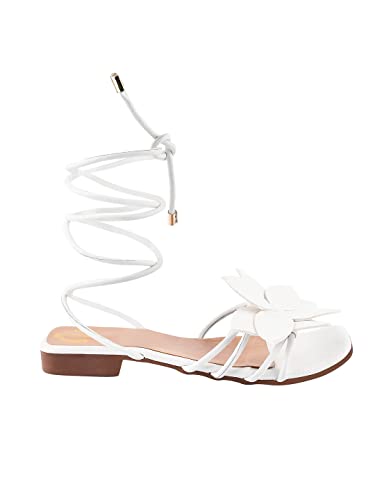 Image of Shoetopia Elegant Flat Sandals with Floral Detail | Chic Lace-Up Straps | Comfortable Summer Footwear for Women