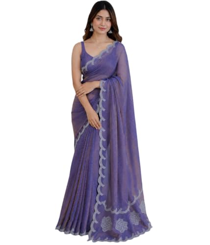 Image of Chiffon Satin Saree for Women with C Pallu PP Siroski Diamond Work, Cutwork Border & Matching Blouse Saree for Wedding, Festive and Traditional Occasions