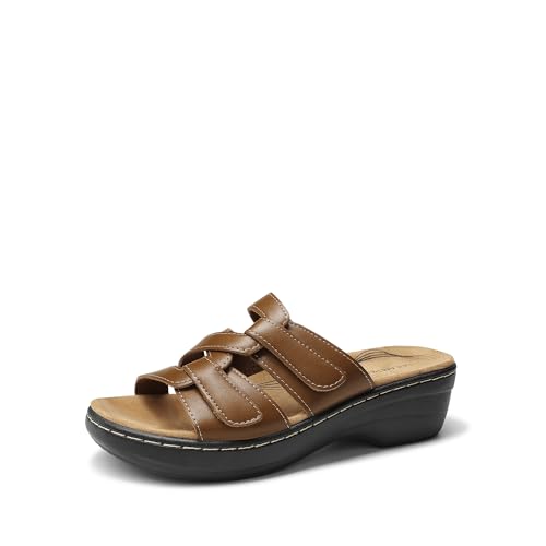 Image of DREAM PAIRS Women Arch Support Slide Sandals Adjustable Straps Slip On Wedge Sandals Casual Comfort Lightweight Flat Slides