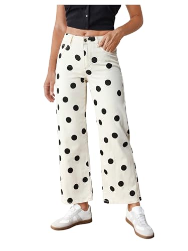 WDIRARA Womens Polka Dots Jeans Vintage Stretchy Straight Leg Denim Pants Beige 27