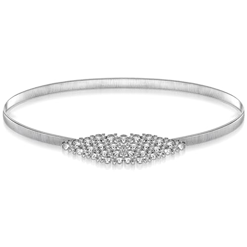 Ouligay Metal Skinny Waist Belt Elastic Thin Belt for Women Dresses Rhinestone Adjustable Stretchy Waist Chain Belt Silver