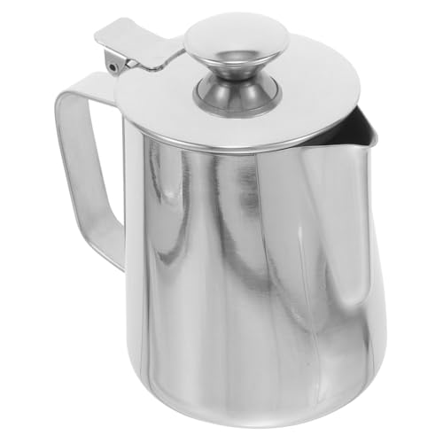 FOMIYES ステンレス製ミルク泡立てピッチャー 蓋付きコーヒーフローシングカップ エスプレッソ用 属製 設計 ラテアート向けシンプルデザイ