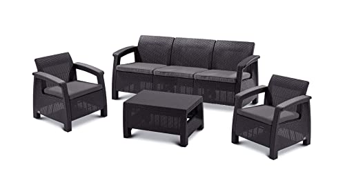 Reviews y listado de Muebles para roof garden los más solicitados. 15 Keter Corfu Triple Set Sala de jardín Sillon de 3 cuerpos, 2 sillones de un Cuerpo y una Mesa. Ideal para Jardin. Resistente y Durable. con almohadones