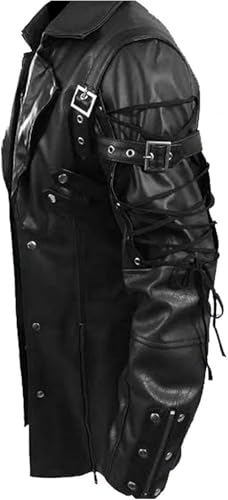 AREENO Men's Real Black Leather Goth Matrix Trench Coat Steampunk Gothic Jacket3