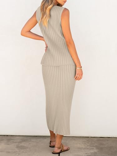 Image of Women's 2 Piece Outfits Summer Sweater Skirt Sets Casual Sleeveless V Neck Ribbed Vest Knit Tops Midi Dress