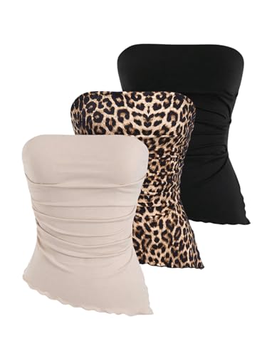 WDIRARA Women's 3 Pack Leopard Print Ruched Strapless Tube Top Asymmetrical Lettuce Trim Bandeau Tops