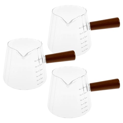 Harupink 3 vasos medidores de café expreso de 180 ml con mango de madera, vasos medidores Pyrex pequeños con apertura en forma de V y escala, jarra de leche de borosilicato, accesorios de café para