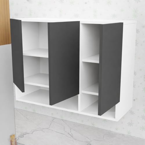 Image of 3 Door Multipurpose Wall Mounted Cabinet with Adjustable Shelf | Storage for Kitchen, Bathroom, Bedroom, Office & Living Room | Assembly-DIY | Color-White & Grey | Size-90x33x63.8 Cm