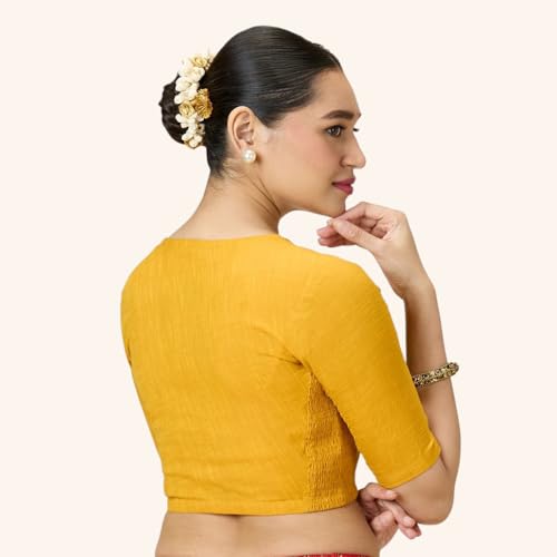 Image of Studio Shringaar Women's Handloom Cotton Side Stretchable (Smocked) Readymade Saree Blouse with Crochet Neckline