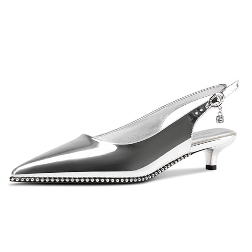 Image of TNYNFBEB Womens Low Kitten Heel Close Pointed Toe Pumps Slingback Silver Beaded Buckle Prom Party Dress Patent Leather 1.4 Inches Heels