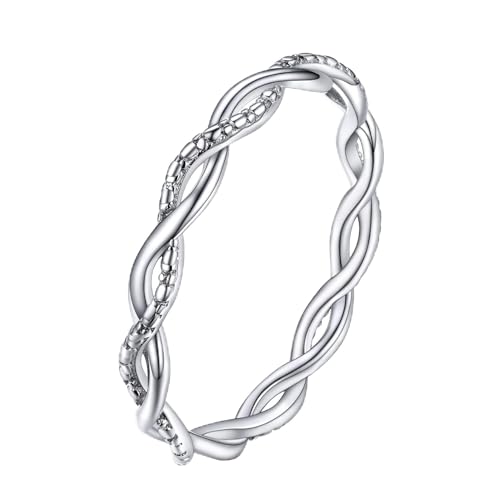 PROSILVER Anillo Trenzado 57 Dedo Menique Apilable Plata de Ley, Anillo Solitario de Compromiso Boda