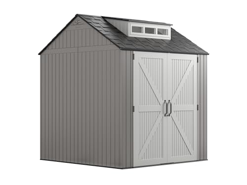 Rubbermaid Resin Outdoor Storage Shed With Floor (7 x 7 Ft) Weather Resistant Gray Organization for Home/Backyard/Garden Tools/Lawn Mower/Bike Storage/Pool Supplies