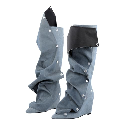 Women's Wedge Heel Knee High Slouchy Foldover Buttons Boots