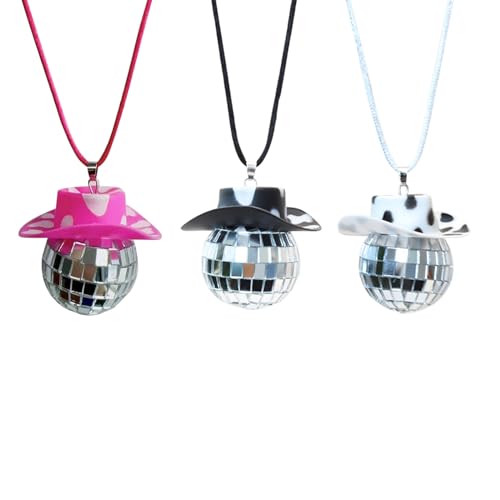 Bekecidi 3 Pièces Pendentif Boule Disco Miroir, Chapeau de Cowboy 4 cm Collier Boule Miroir Accessoires de Suspension de Voiture, Décorations de fête à la Maison