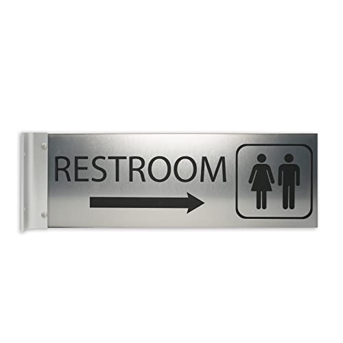 ALPHA DOG SIGNS Corridor Projecting Hallway Bathroom Sign, Right Arrow, 4"x12" Double Sided, Indoor/Outdoor, Easy Install, Durable Business Wayfinding Plaque, USA-Made (Brushed Stainless)