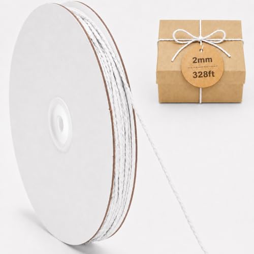 G2PLUS White Cotton String - 2mm 328ft Cotton Butchers Twine String for Gift Wrapping Baking Cooking DIY Crafts Party Decorations