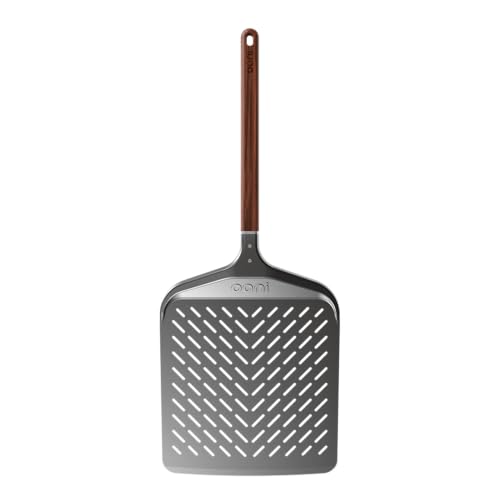 Image of ooni 12 inch Signature Perforated Pizza Peel - Anodised Aluminum Metal Pizza Peel 12 Inch With Long Walnut Wood Handle, Pizza Spatula Paddle, Pizza Oven Accessories, Pizza Tools