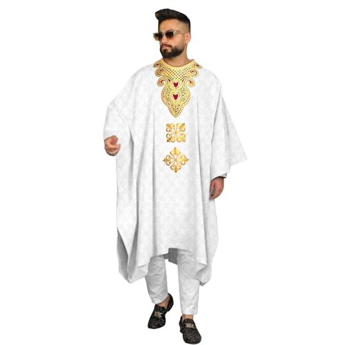 African Clothes for Men Embroidered Agbada Robes Shirt Pants 3 Piece Set Traditional Abaya Dubai Wedding