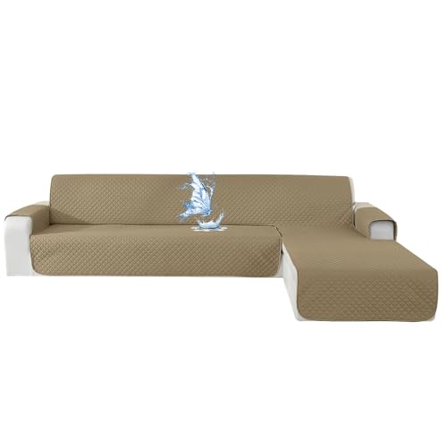 CYCMACO Capa sofá Chaise Long 3 lugares impermeável, capas sofá L Chaise longo esquerdo/direito reversível, antiderrapante, ajustável, anti-gatos, caqui
