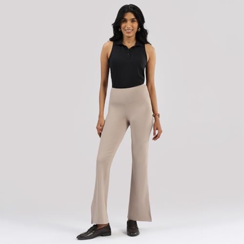 Image of BlissClub Women's Comfort Fit Mid Rise Ultimate Slit Flare Pants - Lite Tall |Above 5'5 | Stylish Slits | Stretchy | Comfortable | Back Pocket
