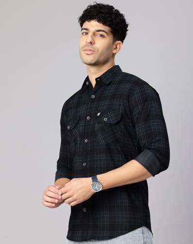 Image of Majestic Man Men's Pure Cotton Cargo Checkered Shirt with Dual Flap Pockets - Slim Fit | Full Sleeve | Casual Wear | Trendy & Comfortable