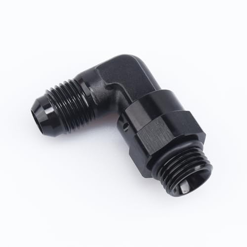 Image of AC PERFORMANCE Black Aluminum 90 Degree -6 AN Male Flare to 9 /16 inch-18 ORB O Ring Port Swivel Fitting Adapter