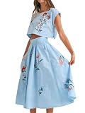 Yinawsky Women Floral Embroidery Dress Sleeveless 2 Piece Tank Top and Skirt Loose Fit Boho Dress(0324-LightBlue-L)