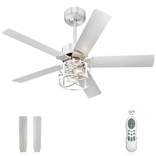 Image of YOUKAIN 42 Inch Ceiling Fans, Farmhouse Ceiling Fans with Lights and Remote, 5-Reversible Blades with Gray Oak /Brushed Nickel Finish, 42-YJ632-BNW