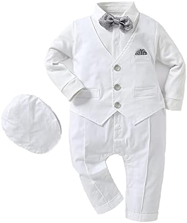 HOSUKKO Baby Suit, One-Piece Romper & Beret & Bow Tie,Toddler Boys Bowtie Outfits Sets for Special Occasion (Long Sleeve, 0-24 Months),White,3-6M
