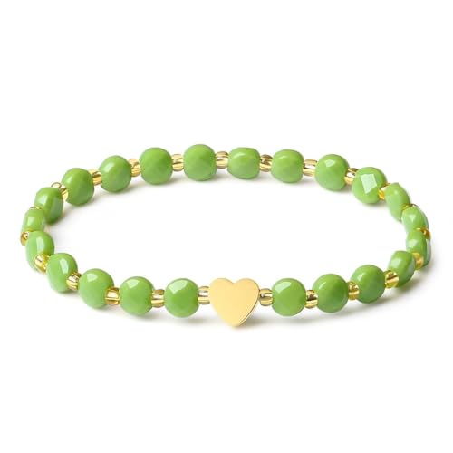 MetJakt Original Handmade Stretch Jewelry Women's Bracelet with 4MM Austrian Crystal and 18K Gold Heart (Olive green-heart)