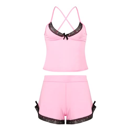 Satohom Pijamas Algodón Mujer Sexy Casual Sin Mangas Camisolas y Pantalón Corto 2 Piezas Conjunto de Pijama Encaje Color Sólido Lounge Suave y Cómodo Verano Cuello en V Ropa de Dormir S-XL