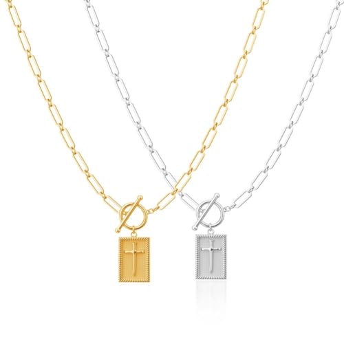 Cross Pendant Paperclip Chain Necklace, 14k Gold & Silver Plated, Unisex, Waterproof and Sweat-Resistant, Fade-Proof