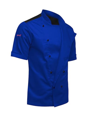 strongAnt Veste de Chef Homme avec Dos Extensible EasyClean Moderne à Manches Courtes et Boutons Boule Slim Fit Bleu, XL