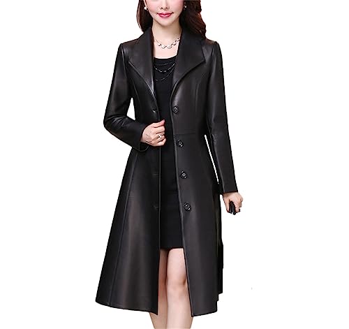 FULBHPRINT Manteau Long En Simili Cuir Noir Pour Femme, Veste En Cuir Élégante À Manches Longues Avec Boutons, Coupe Cintrée, Printemps-Automne
