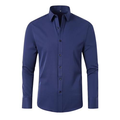 Camisa de lino de manga larga para hombre, no necesita planchado, comodidad elástica con solapa estilo cambray para un atuendo casual inteligente y transpirable, azul marino, XL