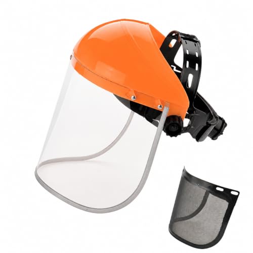 Funluck 2-in-1 yard work face shield for chainsaw & trimming, clear anti-fog on a white background.
