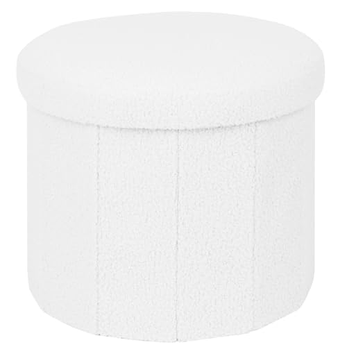 BoxedHome Dorm Room Storage - Round Cute Ottoman with Storage Boucle Foot Stool Footrest for Lving Room Support 220lbs White 15x 15 x12.6