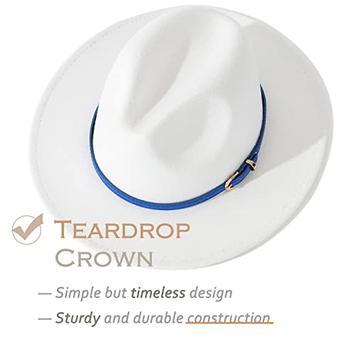 Lisianthus Women White Fedora Wide Brim Panama Hats With Color Belt Buckle (White & Royal Blue/Royal Blue Belt) #TOP2
