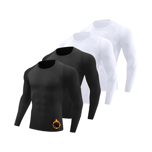 JOYWEST 4 Pack Men Fleece Lined Thermal Shirt Long Sleeve Compression Base Layer Thermal Tops Fleece Lined T-Shirt for Sport