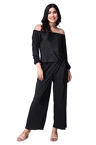 Image of POPWINGS Casual Wrinkle Full Sleeves Off-Shoulder Top and Palazzo Co-ord Set for Women || Co-Ords Set for Women Stylish Western || Top and Palazzos Set for Women|| 2 Piece Set for Women