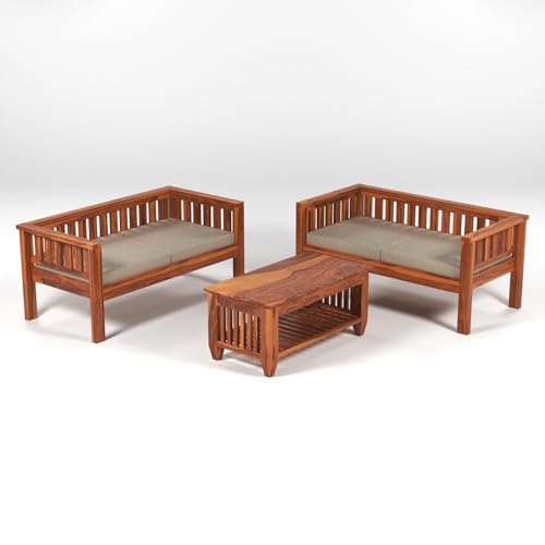 Image of Sheesham Wood 4 Seater Low Height Sofa Set with Coffee Table for Living Room | 4 Seater Sofa Set | Wooden Sofa Set | Beige Cushion (2+2, Honey Finish)