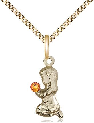 14kt Gold Filled Praying Pendant with a 3mm Faux Topaz Austrian Crystal stone on a 18 inch Gold Plate Light Curb Chain