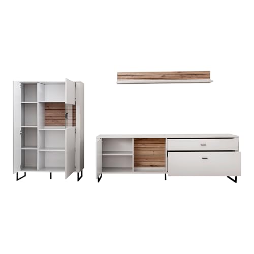 Lomadox Wohnwand Wohnmöbel Set weiß mit Eiche-Lamellen Modern, 1 Highboard, 1 Wandboard, 1 Lowboard – Bild 3