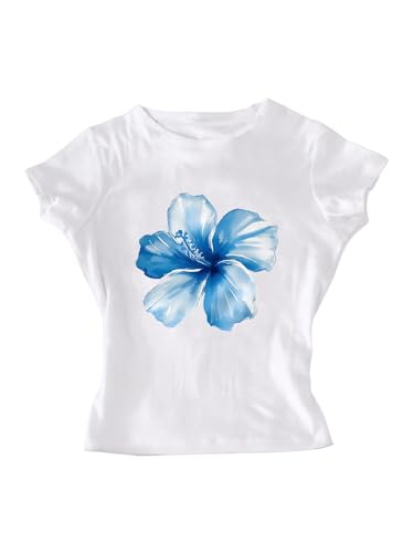 Image of RoseSeek Girl's Floral Graphic Crop Tops Tees Short Sleeve Crewneck Cute Slim Fit T Shirt Summer Tops