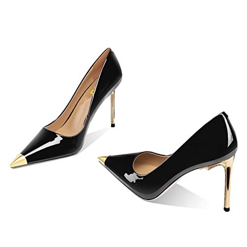 FSJ Women Metal Cap Pointed Toe High Heel Pumps Sexy Gold Stiletto Elegant Slip On Office Lady Wedding Party Dress Shoes Size 4-15 US3