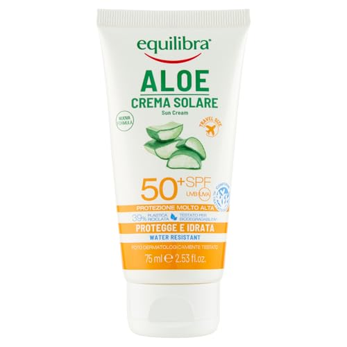 Equilibra Solari Aloe SPF 50+ Travel Size - Crema solar con aloe vera, vitamina C y E, aceite de argán, aceite de coco y manteca de karité, bronceado saludable y natural, resistente al agua, 75 ml