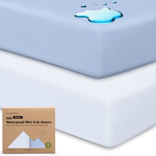 Image of 2-Pack Waterproof Pack and Play Sheets, Mini Crib Sheets Fitted for Boy, Girl - 38 x 26 Viscose from Bamboo Pack N Play Mattress Sheets for Graco, Toddler Playard Baby Crib Sheets Neutral (Blue Flax)