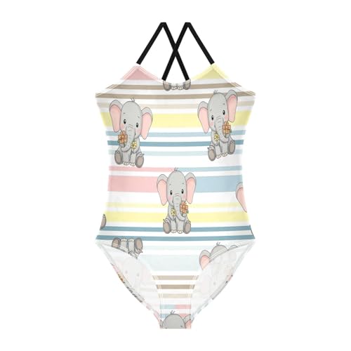 Cute Elephants Stripes Child Girl Swimsuit with Adjustable Shoulder Strap, Beach Bathing Suit, 3-10