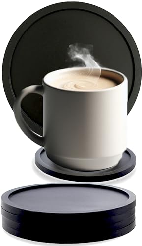 コースター シリコン 無地 6枚 おしゃれ 洗える 丸 カップマット 滑り止め 傷防止 黒 大理石模様 コースターセット (黒, 6)